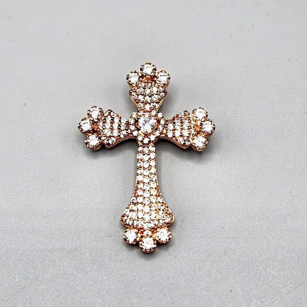 Sterling Silver Cross Pendant w Heart Cut Stone 925 ATR 7.6g Gold Tone Plating